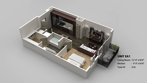 Floor plan for studio, 1 bath, 576 sqft